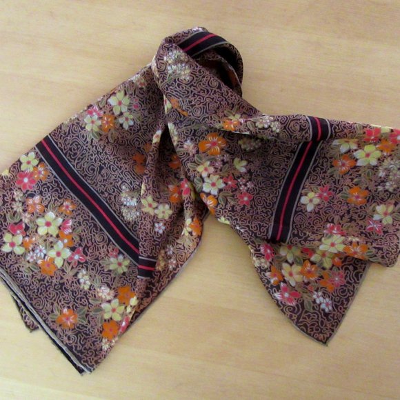 Brown,orange,pale yellow floral spring or fall scarf 28" - head wrap, neck scarf - Picture 6 of 6